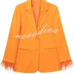 Chic Day Button Up Feather Trim Long Sleeve Pocketed Lapel Blazer