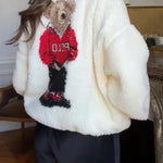 Cute Bear Print Colorblock High-Pile Fleece Zipper High Neck Long Sleeve Pocket Sweatshirts