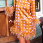 Playful and Cute Satin Polka Dot Print Half Sleeve Feather Trim H-line Mini Dress