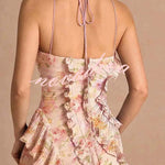 Dream Ode Lily Pad Style Pleats and Ruffles Halter Gown Maxi Dress
