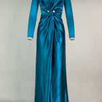 Solid Color Bodycon Long Sleeves Pleated  Split-Front Tied Waist Deep V-Neck Maxi Dresses