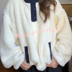 Cute Bear Print Colorblock High-Pile Fleece Zipper High Neck Long Sleeve Pocket Sweatshirts