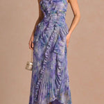 Dream Ode Lily Pad Style Pleats and Ruffles Halter Gown Maxi Dress