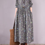 Vintage Floral Printed Ramie Cotton Loose Midi Dress