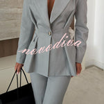 Business Elegance Button Long Sleeve Pocket Pleated Hem Lapel Blazer