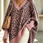 Relaxed Style Knit Leopard Print V-neck Batwing Sleeve Loose Sweater