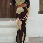 Floral Print Off-shoulder Long-sleeved Loose Top and Elegant Drawstring Maxi Skirt Set