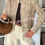 Chivalry Denim Antique Silver Button Ribbon Military Pattern Long Sleeve Jacket