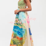 Unique Printed Spaghetti Strap Pleated Casual Maxi Dress