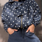 Kadence Polka Dot Zipper Lapel High Neck Drawstring Hem Sporty Jacket