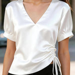 Solid Color Satin V-neck Short-sleeved Side Waist Ruching Casual Top