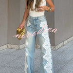 Elegant Street Style Denim Crochet Lace Trim High Rise Pocket Wide Leg Jeans