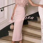 Sheer High-Neck Ruffle Sleeve Back Tie-up Top and Slip Ruched Midi Dress Two Pieces Set