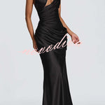 Emina Satin One Shoulder Asymmetrical Neck Cutout Back Lace-up Drape Maxi Dress