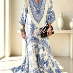 Blue and White Porcelain Print V-Neck Wide Sleeve Cover-up Maxi Dress