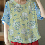 Unique White O-Neck Embroideried Summer Ramie Shirt Half Sleeve