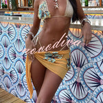 Gradient Floral Embellishment Tie-up Two-piece Stretch Bikini Swimsuit and Holiday Sheer Mini Skirt Set