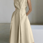 2025 Beige Peter Pan Collar Pockets Cotton Dress Sleeveless