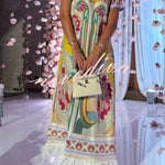 Jazlynn Satin Colorful Baroque Style Printed Short Sleeve Feather Trim Maxi Dress