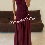 Stylish Three-dimensional Floral Chiffon Patchwork Strapless Elegant Maxi Dress