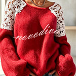 Faux Mink Knit Crochet Flowers Shoulder Wide Neck Long Sleeve Loose Sweater