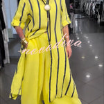 Ruan Linen Blend Stripe Print Long Sleeve Midi Shirt and Elastic Waist Pocketed Loose Pants Set