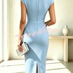Elegant Solid Color Floral Embellished Pleated Waist Short Sleeve Midi Dress