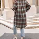 Zeagoo Plaid Longline Button-Up Shacket Lapel Neck Long Sleeve Shirt Pocket