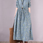 Vintage Floral Printed Ramie Cotton Loose Midi Dress