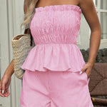 Striped Printed Sleeveless Off-shoulder Ruched Top and Elastic Waist Casual Pocket Shorts Set