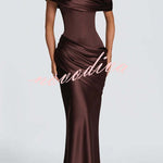 Ella Satin Detachable Asymmetric Off Shoulder Drape Panel Back Lace-up Maxi Dress