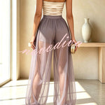 Semi-sheer Mesh Solid Color Mid Rise Patchwork Loose Lantern Pants