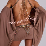 Alula Chain Sequin Embroidered Butterfly Kimono Slit Sleeve Backless Mini Dress