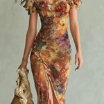 Floral Print Short-sleeved Square Neck Ruffled Elegant Slit Maxi Dress