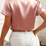 Solid Color Satin Collared Short-sleeved Tie Bow Casual Shirt