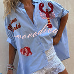 Piper Unique Lobster Ocean Embroidery Pattern Half Sleeve Oversized Shirt