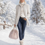 Women's White Ribbed Knit Turtleneck Slim-fit Long-sleeved Sweater