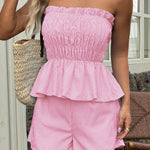 Striped Printed Sleeveless Off-shoulder Ruched Top and Elastic Waist Casual Pocket Shorts Set