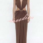 Athena Metal-Link Cutout Design Back Lace-up Drape Maxi Dress