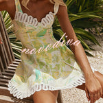 Stelle Linen Blend Floral Print Crochet Zig Zag Trim Back Lace-up Mini Dress