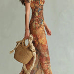 Floral Print Short-sleeved Square Neck Ruffled Elegant Slit Maxi Dress