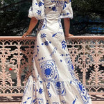 A-Line High Waisted Contrast Color Pleated Printed Ruffled Split-Joint Square-Neck Midi Dresses