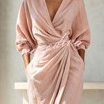 Linen Blend Loose V-neck Pleated Waist Casual Pocket Maxi Dress