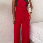 Elaris Linen Blend V-neck Tie-up Waist Pocketed H-line Wide Leg Jumpsuit