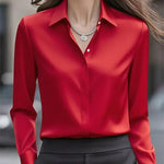 Solid color long-sleeved versatile shirt with lapel satin shirt