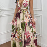 Seinah Floral Print Cutout Waist Open Back Lace-up Slit Maxi Dress
