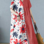Plus Size Grey Retro Button Summer Print Half Sleeve Maxi Dress