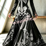 Royal-style Halloween Skull Print Square Neck Long Sleeve Flare Maxi Dress
