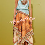 Alberta Satin Unique Color-blocked Print Tie Detail Layered Scarf Midi Dress