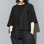 Fake Two-piece Straight Lace-up Striped Patchwork T-shirt